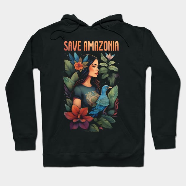 Save Amazonia - Girl with tropical plants and birds Hoodie by Ravenglow